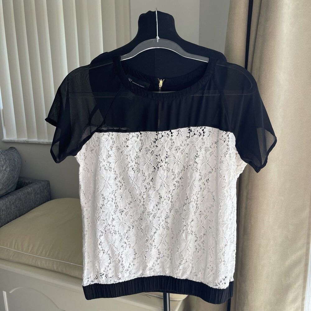INC International Concepts White Lace black Sheer Top Blouse size M